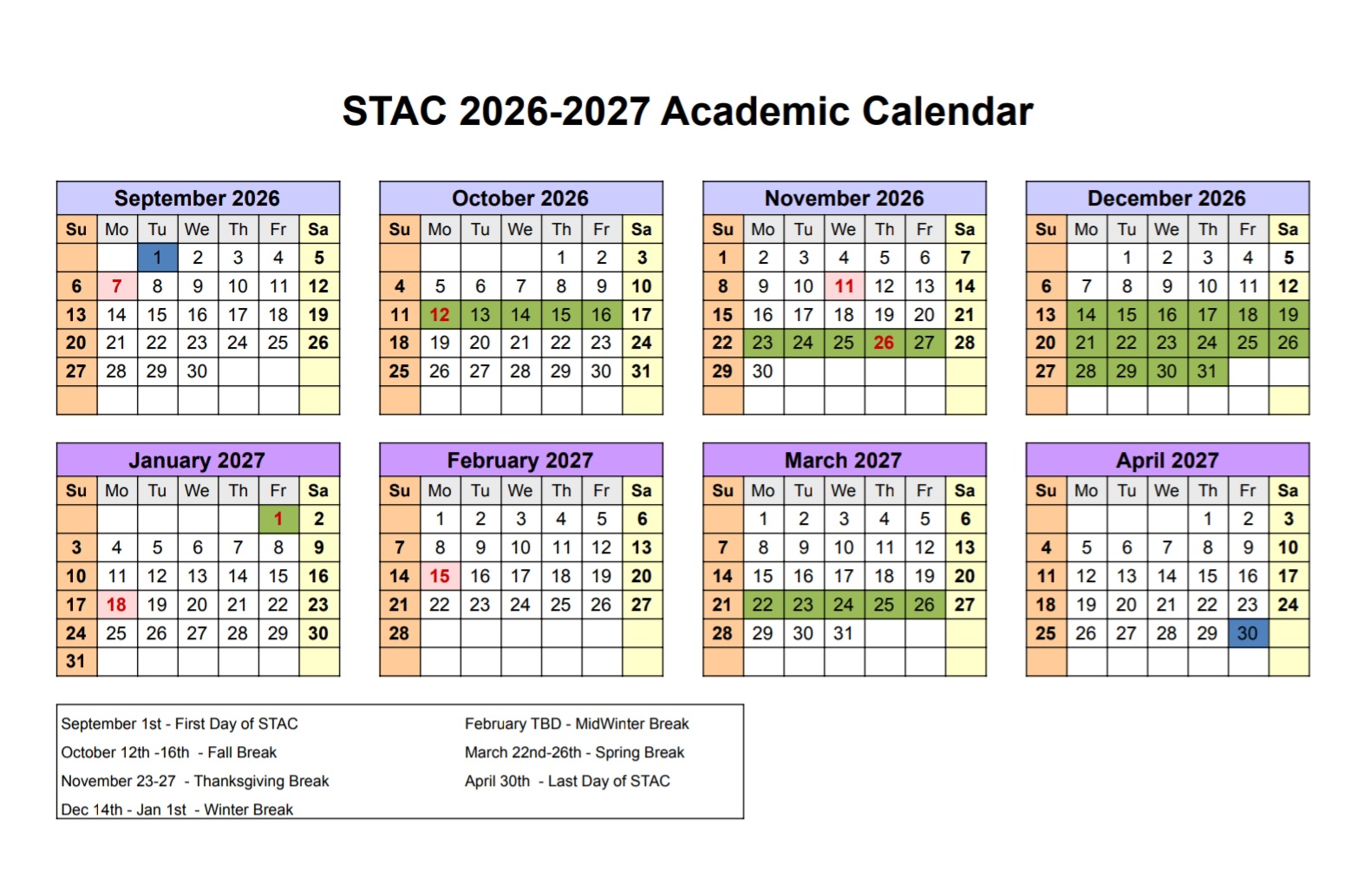2026-2027 Academic Calander
